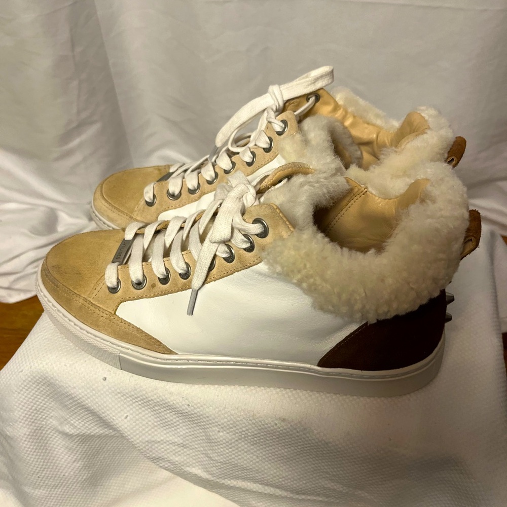 J Slides lace-up, tri color leather shearling sneakers with stud detail size 9